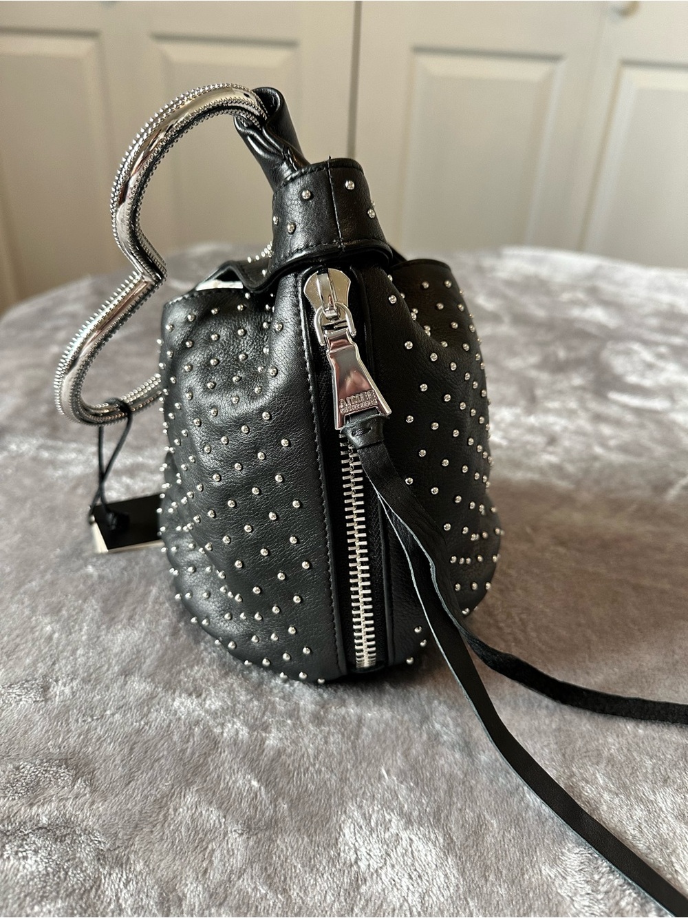 Aimee Kestenberg Black Leather with Silver Studs Heart Shaped Handle Pouch NWT